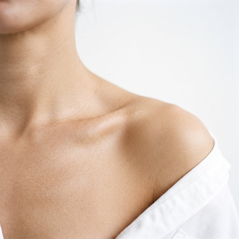 Shoulder and collarbone, skin clear and dry